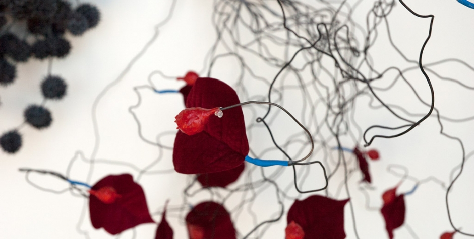 Detail: Architecture of a Scent: Cinnamon, 2012, wire, dissected fake flower parts, seed pods, cork, foil, tool dip, heat shrink, paint and flock, 59 x 44 x 29,
